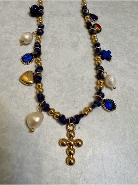 Gold & Navy Beaded Charm Cross Necklace with Blue Accents